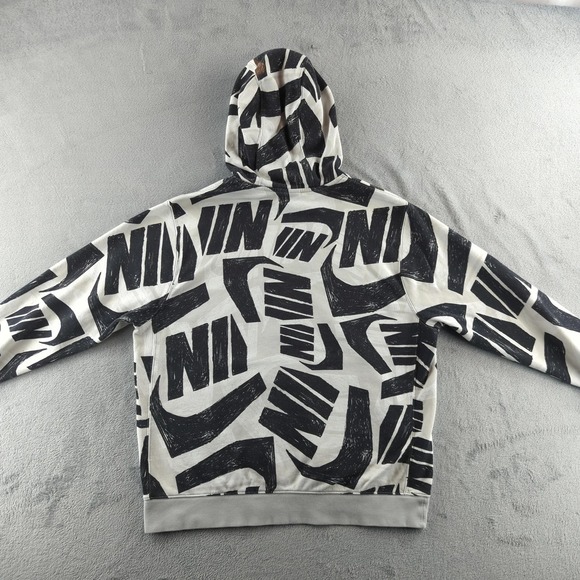 Nike Hoodie Mens Large White Black All Over Swoosh Logo Pullover Sweatshirt - Picture 11 of 12